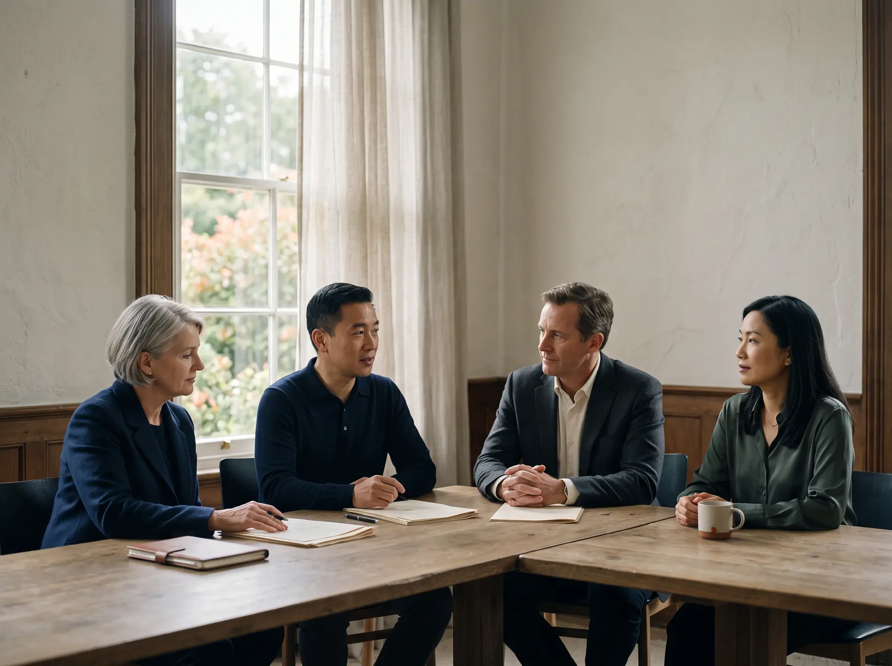 Four senior executives in discussion around the corner of a boardroom table in daylight