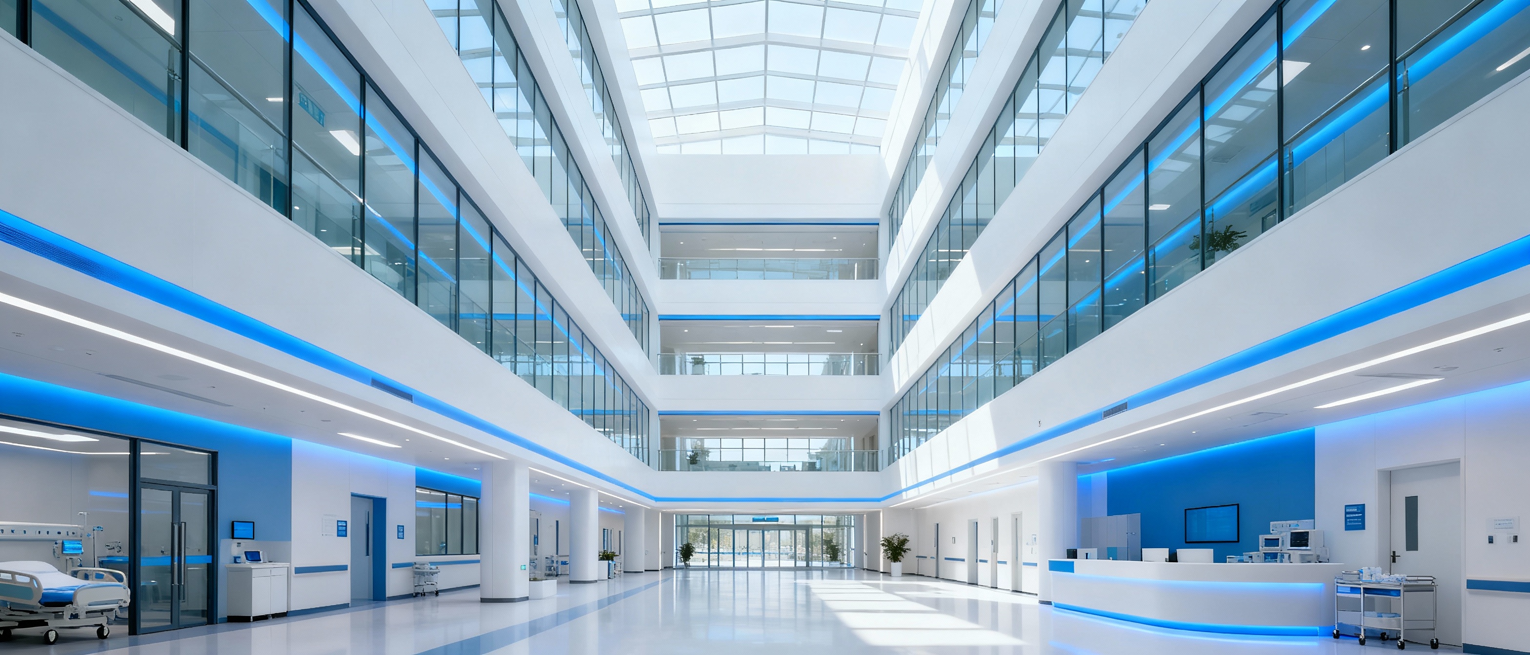 Contemporary hospital building representing healthcare organization structure and medical leadership environment