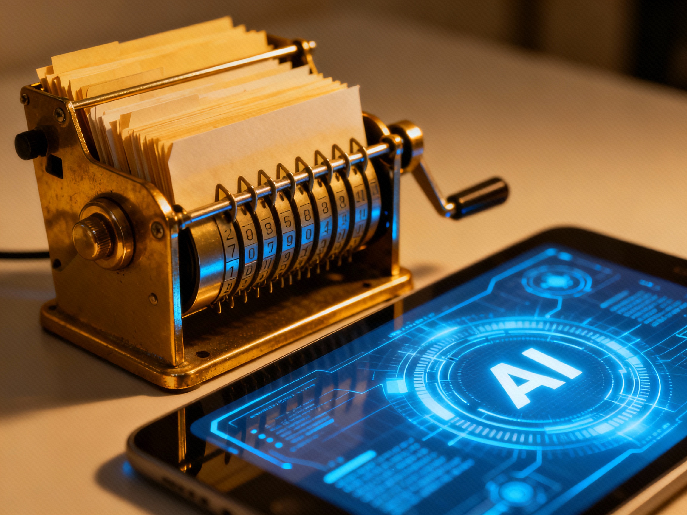 A vintage Rolodex sitting beside a modern AI-powered interface, symbolizing the transition from analog networking to digital intelligence