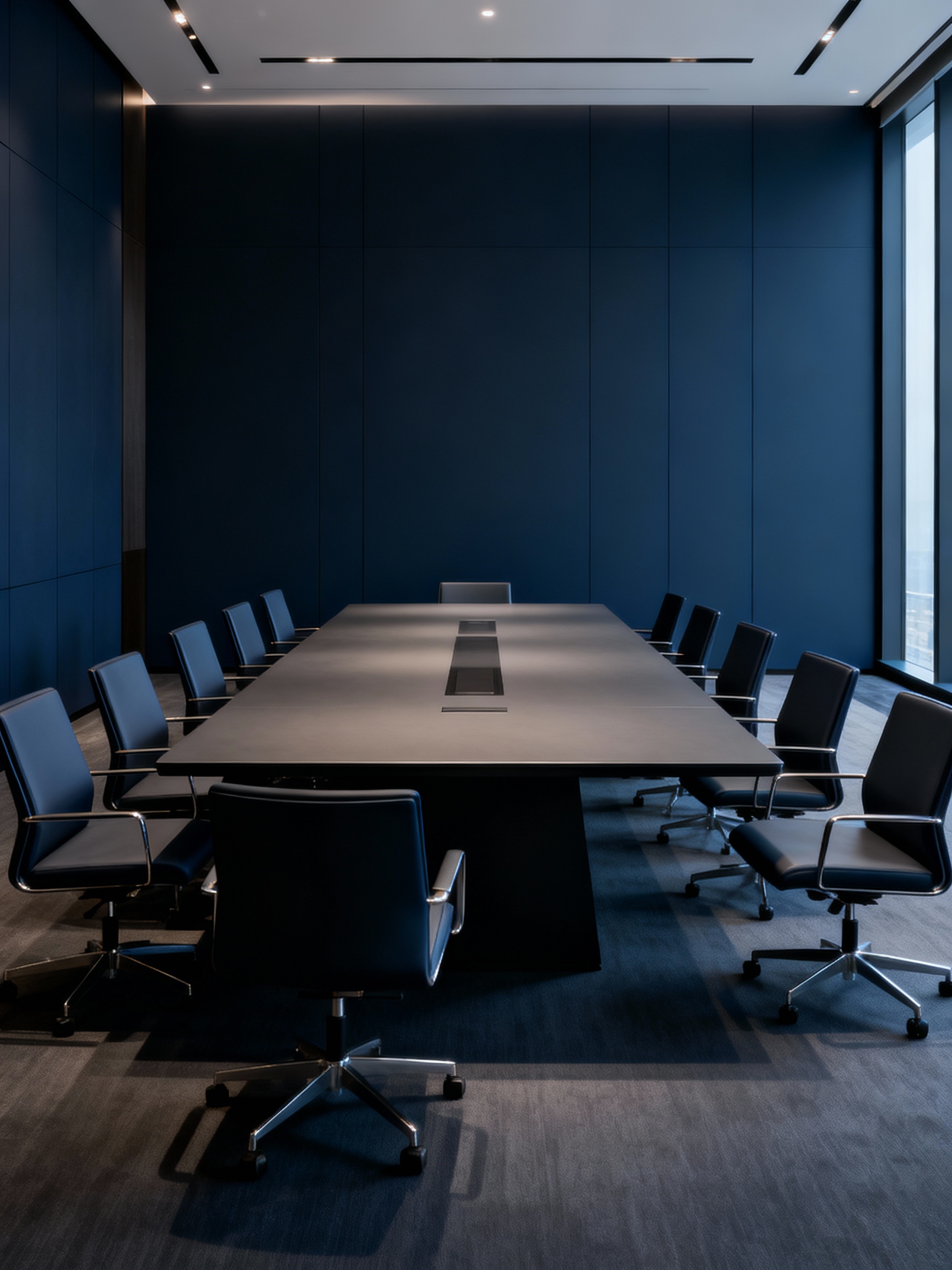 Professional boardroom with executive leadership team conducting formal interviews and candidate assessment - senior management hiring process