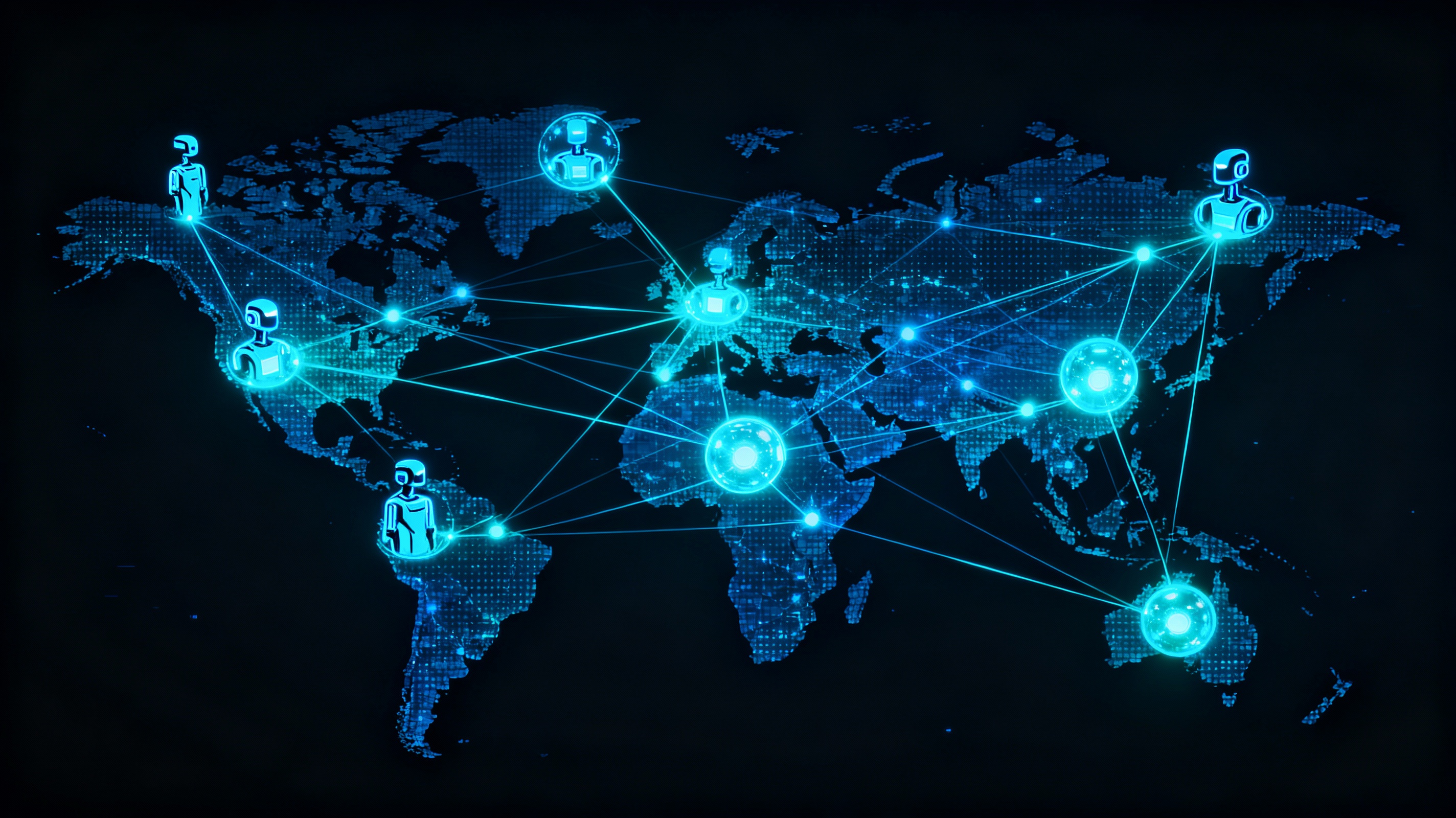 A futuristic representation of an interconnected global talent network, with AI agents mapping connections and opportunities across continents